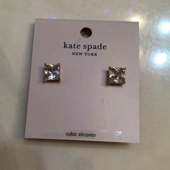 Kate Spade Gold Tone Clear The Date Princess Cut Clear CZ Stud Earrings NWT